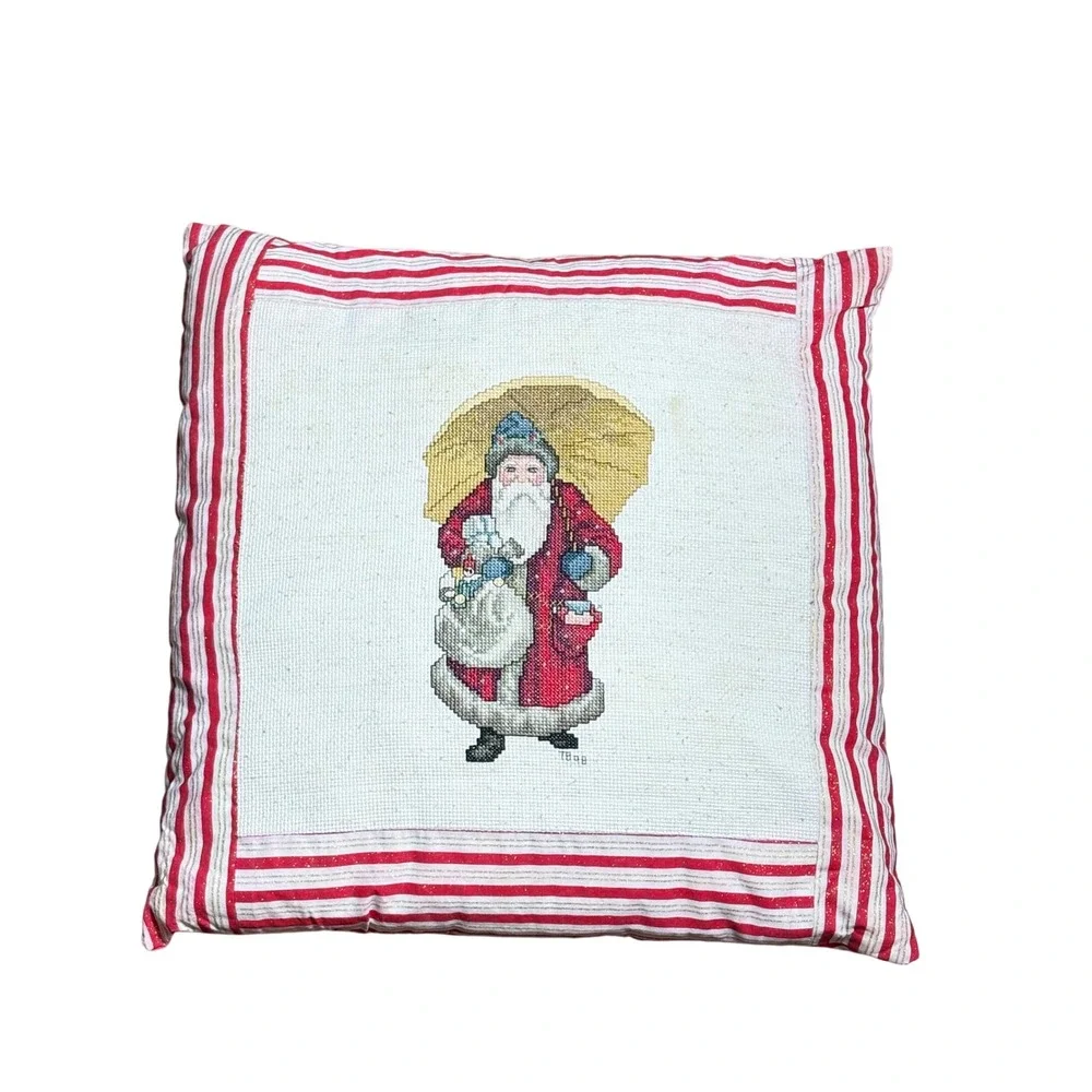 Vintage 1998 Handmade Needlepoint Santa Claus Christmas Throw Pillow Red Striped